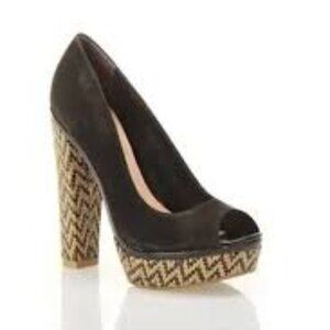 SCHULTZ Cara Woven Leather Pumps Womens size EU 38 Black & Tan Peep Toe Platform